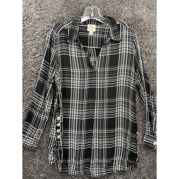St John's Bay Popover Shirt Women Large Black White Windowpane Check Side Button - Picture 6 of 16